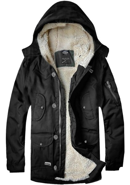 Regular Fit Su ve Soğuğa Dayanıklı Kürklü Kapüşonlu Çocuk Parka Kaban--Siyah--