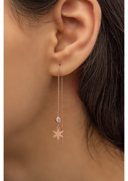 Sallantılı Tekli Kartanesi Küpe Nano Zirkon Taşlı Rose Gold Kaplama 925 Ayar Gümüş Küpe