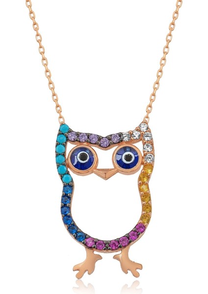 Baykuş Kolye Gümüş Renkli Nano Taşlı Rose Altın Kaplama