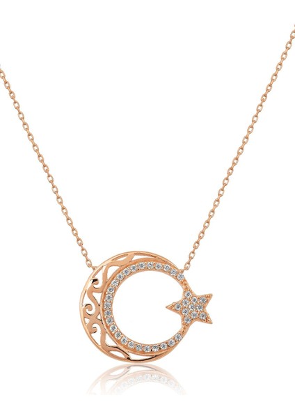 Motifli Ayyıldız Figürlü Rose Altın Kaplama Nano Zirkon Kolye