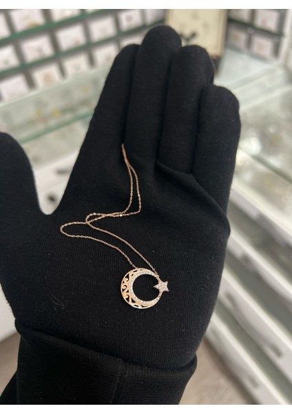 Motifli Ayyıldız Figürlü Rose Altın Kaplama Nano Zirkon Kolye fiyatları