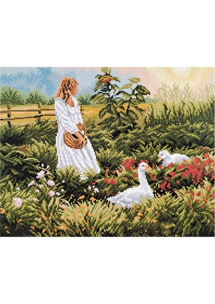 Goblen Etamin İşleme Seti 40 x 50 cm Köylü Kızı ve Kazları Deseni