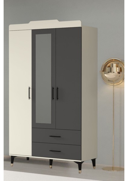 Arden 3 Kapaklı 2 Çekmeceli Aynalı Ayaklı Giyisi Eşya Dolabı Gardırop