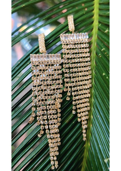 Sarı Renk Zirkon Taşlı Lüks Abiye Küpe