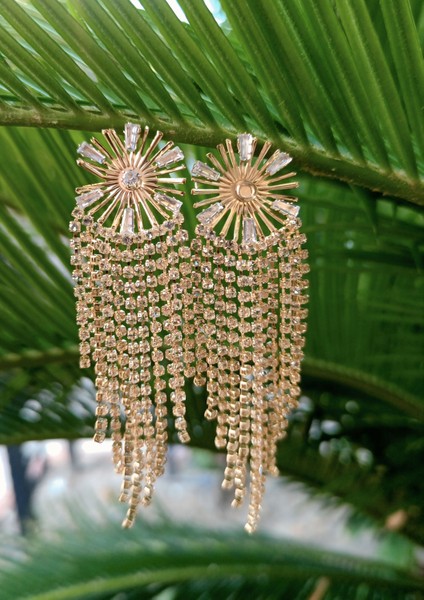 Sarı Renk Zirkon Taşlı Lüks Abiye Küpe