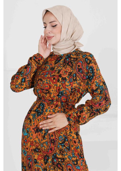 Desenli Kuşaklı Elbise Hardal - 27472 fiyatları