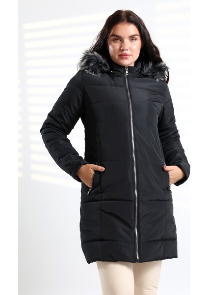 Bayan Su ve Süzgar Itici Özelliği Yıkamaya Dayanıklı Kapüşonu Kürklü Kapitone Mont