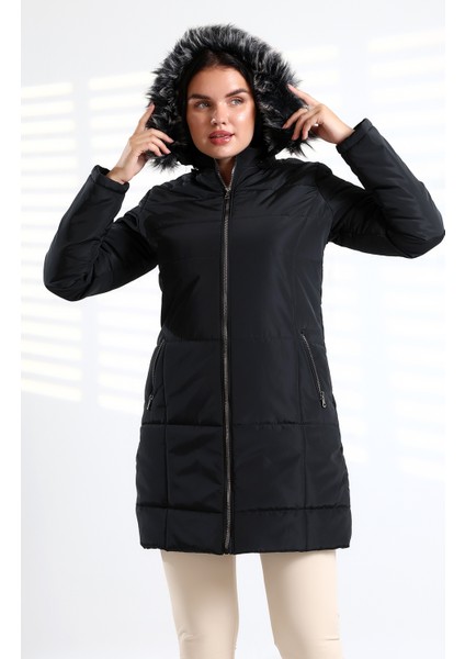 Bayan Su ve Süzgar Itici Özelliği Yıkamaya Dayanıklı Kapüşonu Kürklü Kapitone Mont