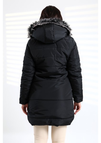 Bayan Su ve Süzgar Itici Özelliği Yıkamaya Dayanıklı Kapüşonu Kürklü Kapitone Mont