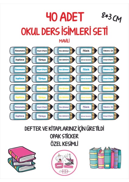Okul Ders Etiketi Sticker Mavi Renkli