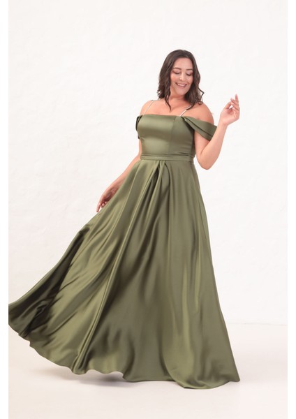 Kadın Haki Taş Askılı Büyük Beden Uzun Abiye Elbise