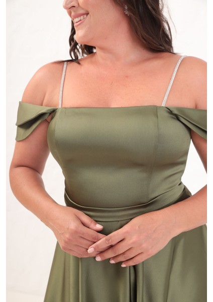 Kadın Haki Taş Askılı Büyük Beden Uzun Abiye Elbise modelleri