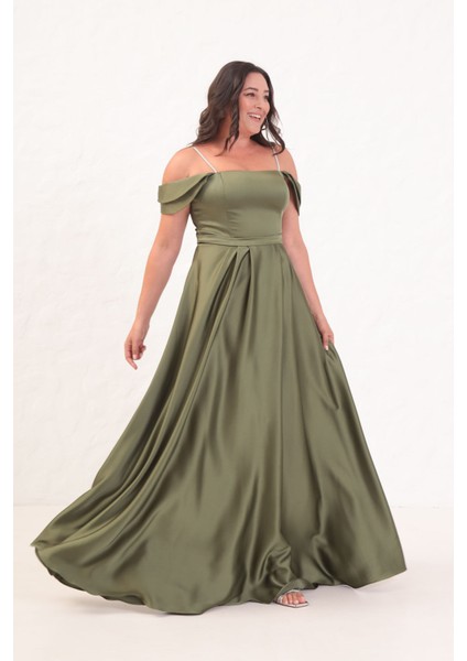 Kadın Haki Taş Askılı Büyük Beden Uzun Abiye Elbise fırsatları