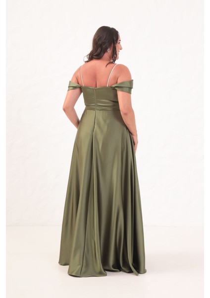 Kadın Haki Taş Askılı Büyük Beden Uzun Abiye Elbise indirimleri