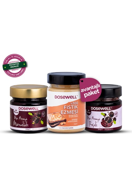 Mor Aronya Reçeli, Marmelatı ve Dosewell %100 Fıstık Ezmesi Paketi | Antioksidan ve Protein Kaynağı