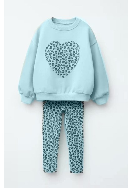 Kız Çocuk 3 Iplik Pamuklu Kumaş Kalp Detaylı Sweatshirt ve Tayt Alt Üst Takım