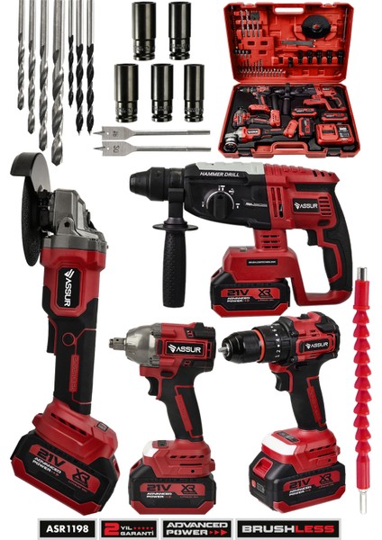 21V Darbeli Kömürsüz 4'lü Set Taşlama - Somun Sıkma Sökme - Matkap Vidalama - Kırıcı Delici Hilti