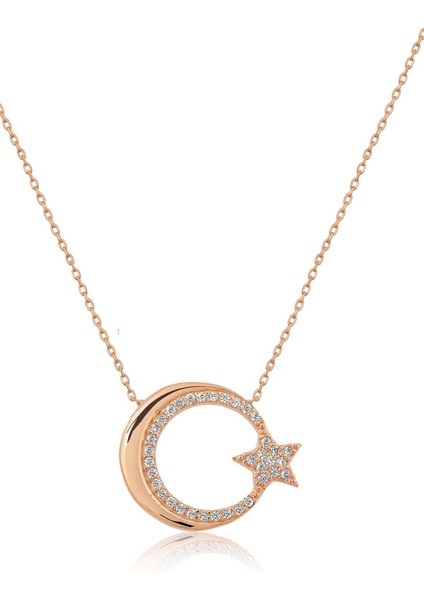 Ayyıldız Figürlü Rose Altın Kaplama Nano Zirkon Kolye