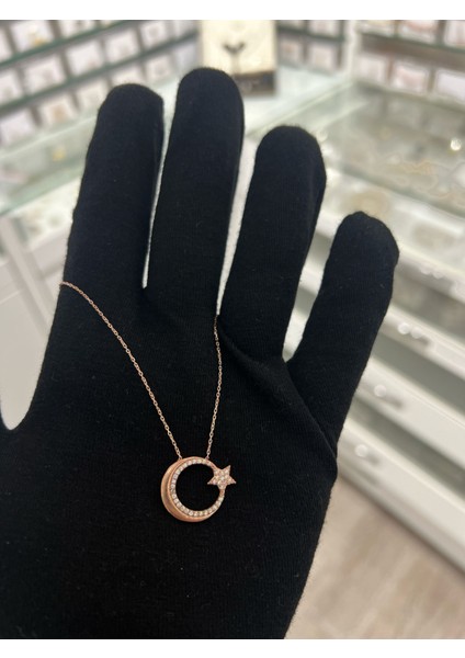 Ayyıldız Figürlü Rose Altın Kaplama Nano Zirkon Kolye modelleri