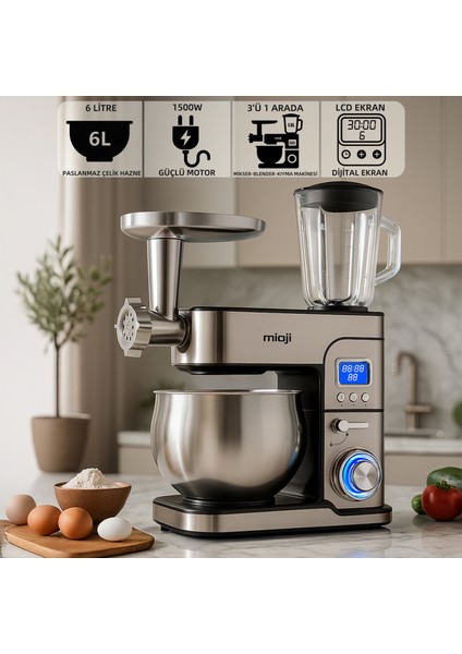 Mio MX10 6L 1500W İnox 3'ü 1 Arada Mutfak Şefi Stand Mikser + Kıyma Çekme + Hamur Yoğurma