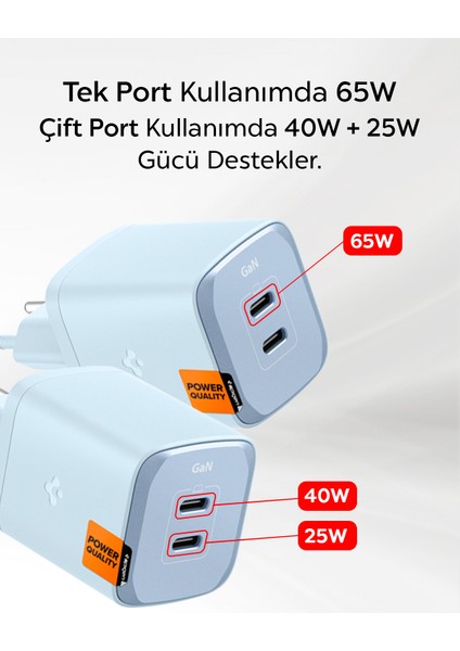 65W USB-C 2 Port Mini Hızlı Şarj Aleti PPS 2.0 Desteği / Isı Düşürücü GaN III Destekli Akım Korumalı Güç Adaptörü iPhone & Android & iPad & MacBook Type-C PE2204 Blue - ACH05165 fiyatları