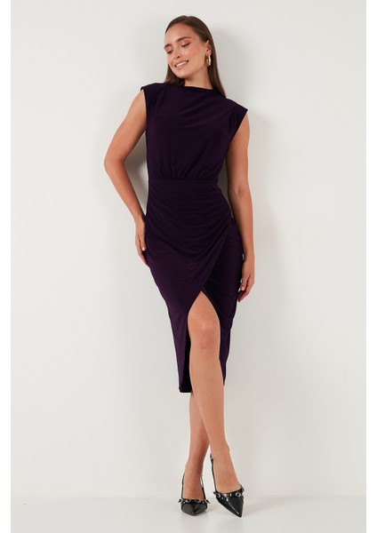 Drape ve Yırtmaç Detaylı Sıfır Yaka Kolsuz Midi Boy Elbise Bayan Elbise 611EL694 modelleri