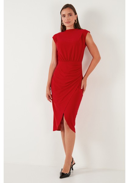 Drape ve Yırtmaç Detaylı Sıfır Yaka Kolsuz Midi Boy Elbise Bayan Elbise 611EL694 fırsatları