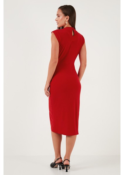 Drape ve Yırtmaç Detaylı Sıfır Yaka Kolsuz Midi Boy Elbise Bayan Elbise 611EL694