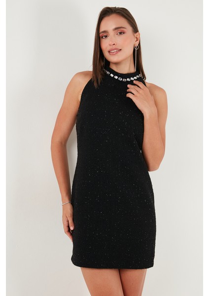 Pamuk Karışımlı Fitted Fit Halter Yaka Taş Detaylı Mini Boy Elbise Bayan Elbise 6525632 modelleri