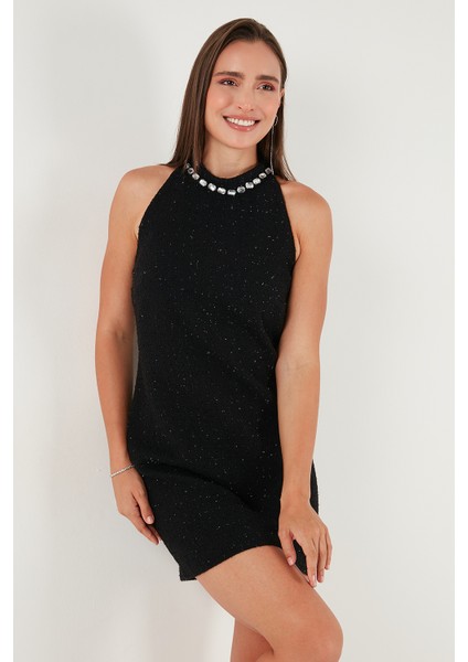 Pamuk Karışımlı Fitted Fit Halter Yaka Taş Detaylı Mini Boy Elbise Bayan Elbise 6525632 fırsatları