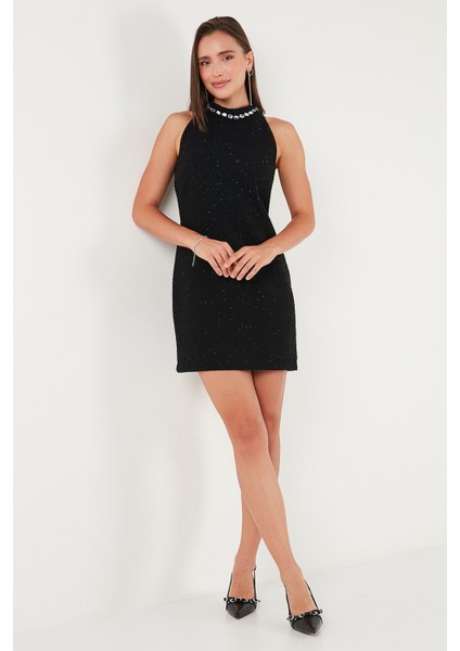Pamuk Karışımlı Fitted Fit Halter Yaka Taş Detaylı Mini Boy Elbise Bayan Elbise 6525632 indirimleri