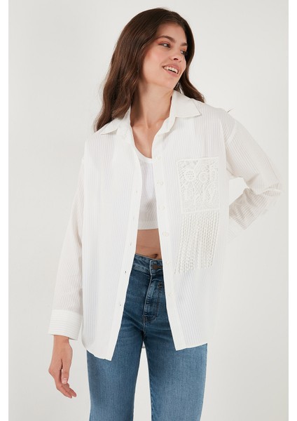 Regular Fit Güpürlü Cep Detaylı Uzun Kollu Gömlek Bayan Gömlek 6773215 fırsatları