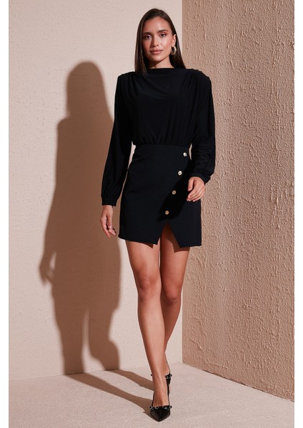 Vatkalı Regular Fit Yırtmaç Detaylı Dik Yaka Mini Boy Elbise Bayan Elbise 611EL751