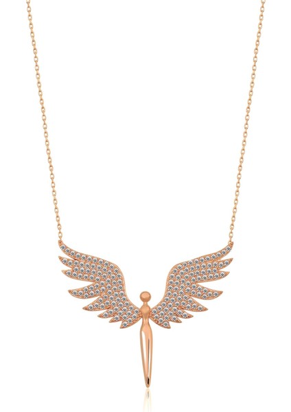Melek Kolye Mikail Meleği Rose Altın Kaplama Nano Zirkon Taşlı 925 Ayar Gümüş Kolye