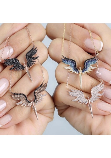 Melek Kolye Mikail Meleği Rose Altın Kaplama Nano Zirkon Taşlı 925 Ayar Gümüş Kolye modelleri