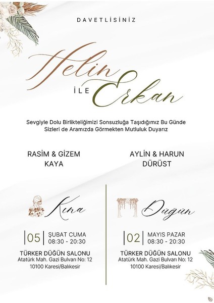 Kişiye Özel Davetiye - Düğün Davetiye - Nişan Davetiye - Nikah Davetiye ( Zarflı ) ( 50 Adet )