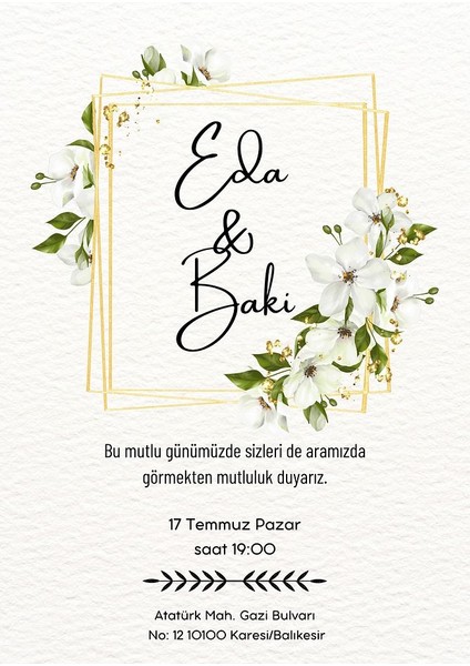 Kişiye Özel Davetiye - Düğün Davetiye - Nişan Davetiye - Nikah Davetiye ( Zarflı ) ( 50 Adet ) Mdl 4