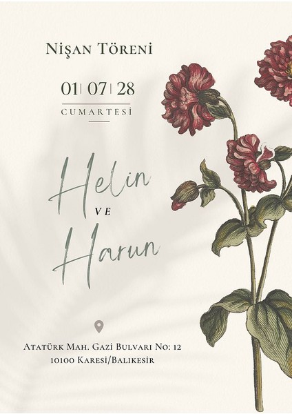 Kişiye Özel Davetiye - Düğün Davetiye - Nişan Davetiye - Nikah Davetiye ( Zarflı ) ( 50 Adet ) Mdl 5