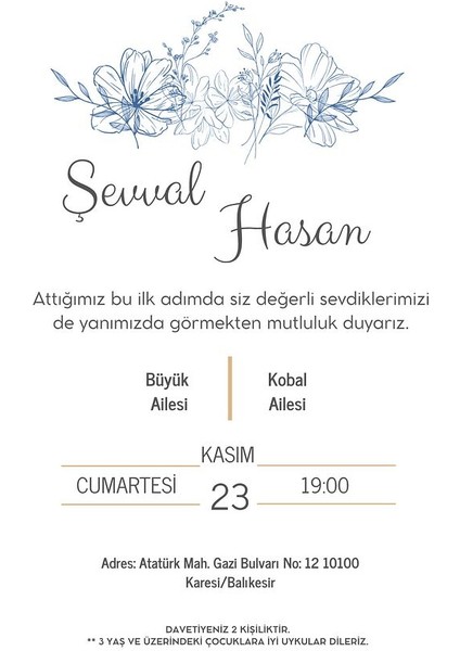 Kişiye Özel Davetiye - Düğün Davetiye - Nişan Davetiye - Nikah Davetiye ( Zarflı ) ( 50 Adet ) Mdl 7