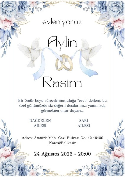 Kişiye Özel Davetiye - Düğün Davetiye - Nişan Davetiye - Nikah Davetiye ( Zarflı ) ( 50 Adet ) Mdl 8