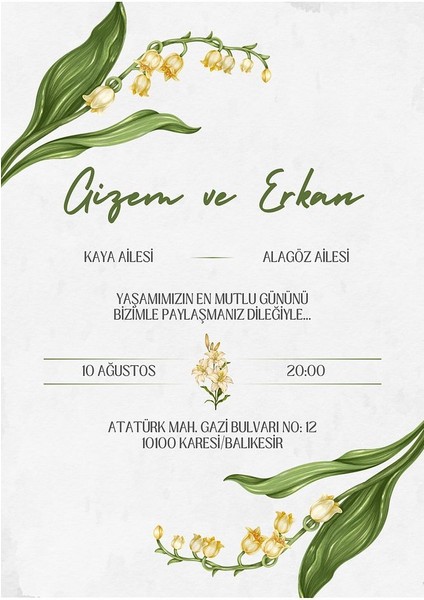 Kişiye Özel Davetiye - Düğün Davetiye - Nişan Davetiye - Nikah Davetiye ( Zarflı ) ( 50 Adet ) Mdl 9