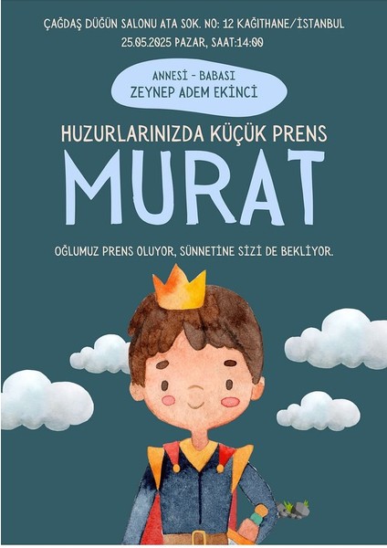 Kişiye Özel Davetiye - Sünnet Davetiye - Sünnet Davetiyesi ( Zarflı ) ( 50 Adet ) Model 2