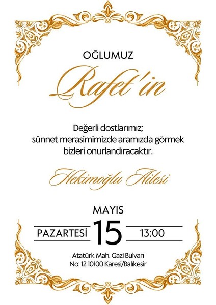 Kişiye Özel Davetiye - Sünnet Davetiye - Sünnet Davetiyesi ( Zarflı ) ( 50 Adet ) Model 4