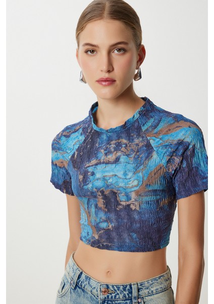 Desenli Crop Krinkıl Bluz LAN0048 Lacivert