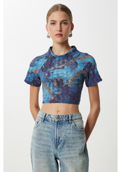 Desenli Crop Krinkıl Bluz LAN0048 Lacivert fiyatları