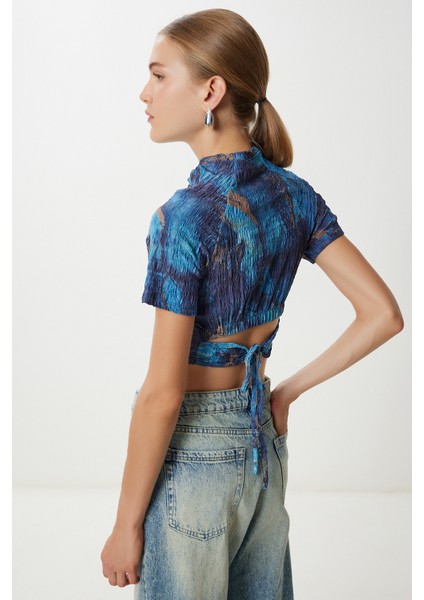 Desenli Crop Krinkıl Bluz LAN0048 Lacivert modelleri