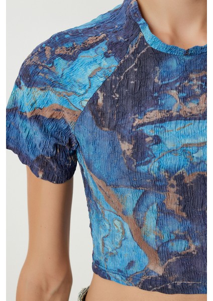 Desenli Crop Krinkıl Bluz LAN0048 Lacivert fırsatları
