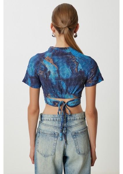 Desenli Crop Krinkıl Bluz LAN0048 Lacivert indirimleri