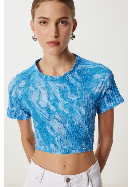 Desenli Crop Krinkıl Bluz LAN0048 Gök Mavi