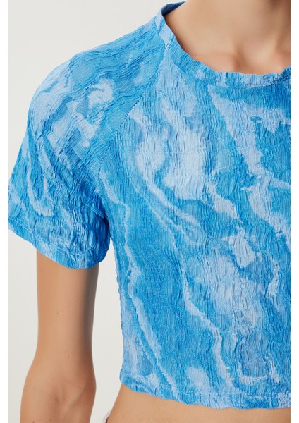 Desenli Crop Krinkıl Bluz LAN0048 Gök Mavi fırsatları